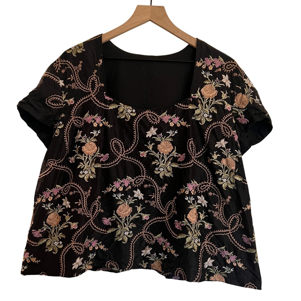 Floral Embroidered Square Neck Short Sleeve Boxy Blouse Top, Women's XL